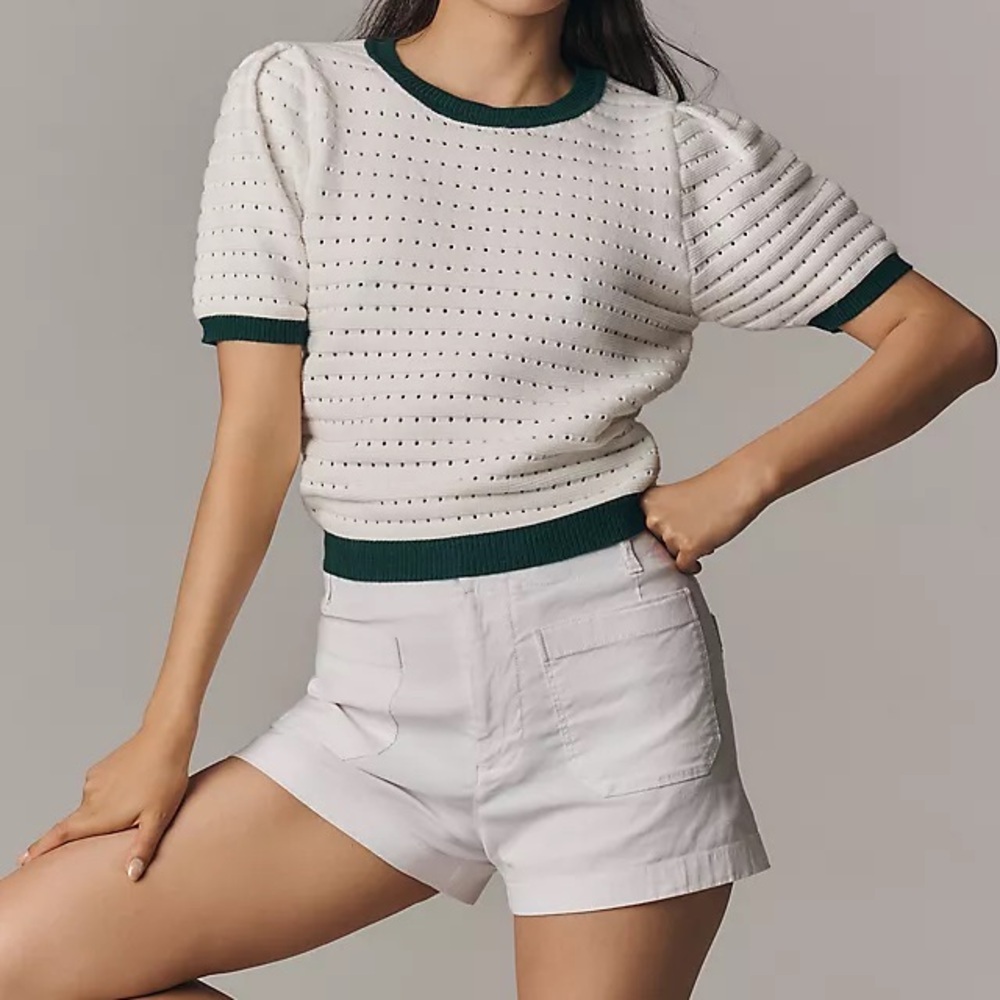 Endless Rose Puff-Sleeve Contrast Rib Crop Sweater Tee